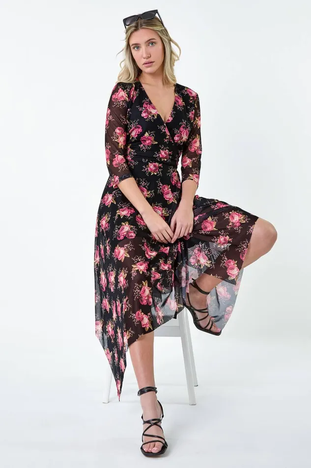 Women Black Floral Stretch Mesh Hanky Hem Wrap Dress Roman Dresses