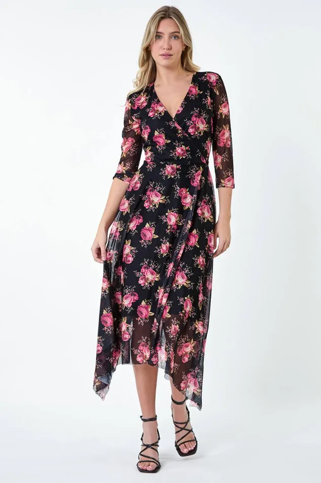 Women Black Floral Stretch Mesh Hanky Hem Wrap Dress Roman Dresses