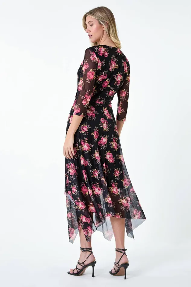 Women Black Floral Stretch Mesh Hanky Hem Wrap Dress Roman Dresses
