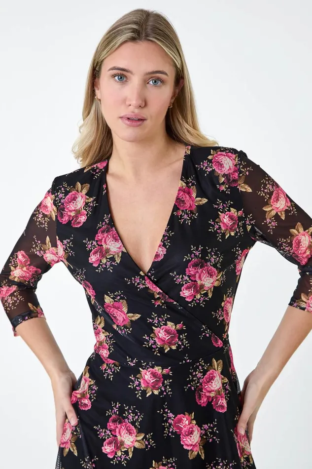 Women Black Floral Stretch Mesh Hanky Hem Wrap Dress Roman Dresses