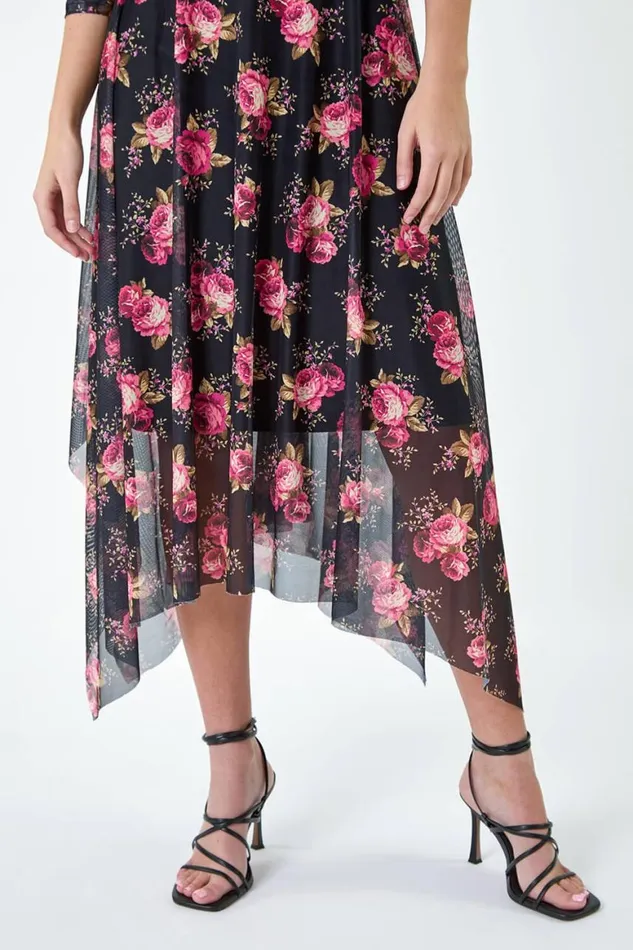 Women Black Floral Stretch Mesh Hanky Hem Wrap Dress Roman Dresses
