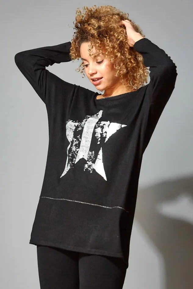 Women Black Foil Star Tunic Lounge Jumper Roman Tops