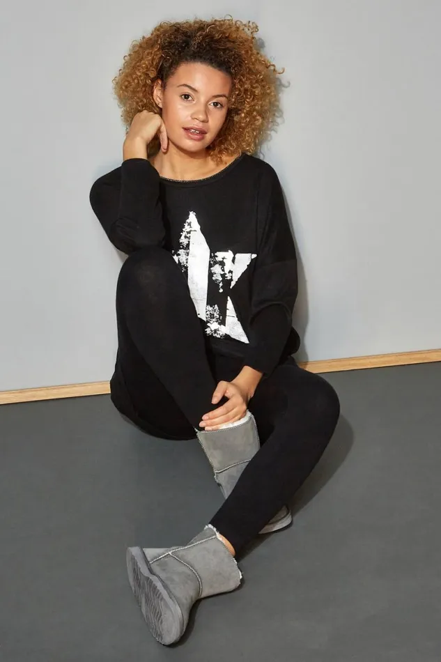 Women Black Foil Star Tunic Lounge Jumper Roman Tops