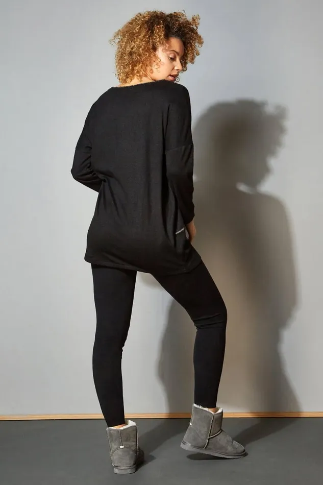 Women Black Foil Star Tunic Lounge Jumper Roman Tops