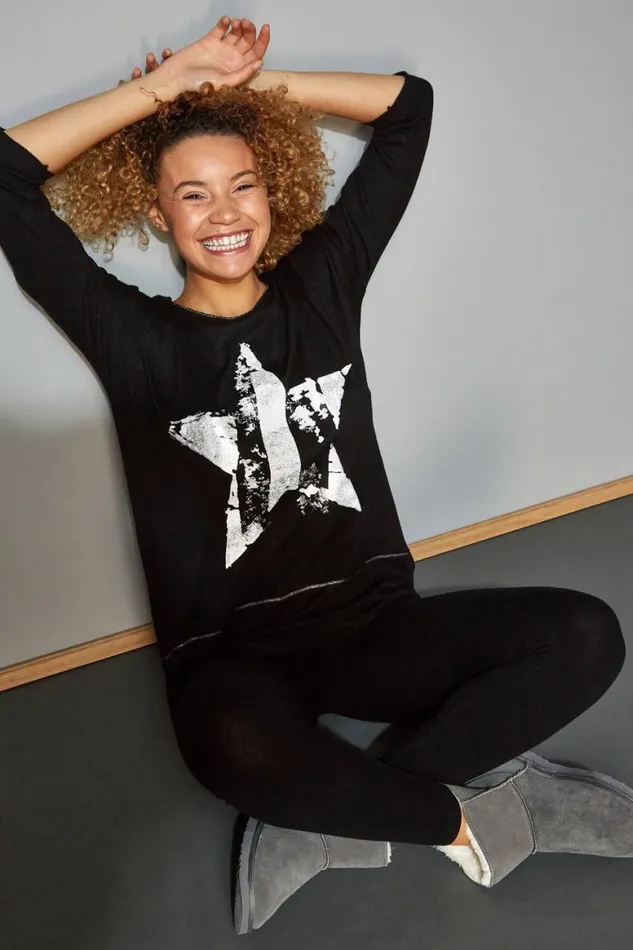 Women Black Foil Star Tunic Lounge Jumper Roman Tops