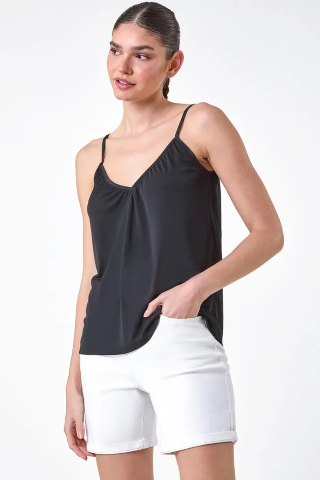 Women Black Gathered VNeck Stretch Vest Top Roman Tops