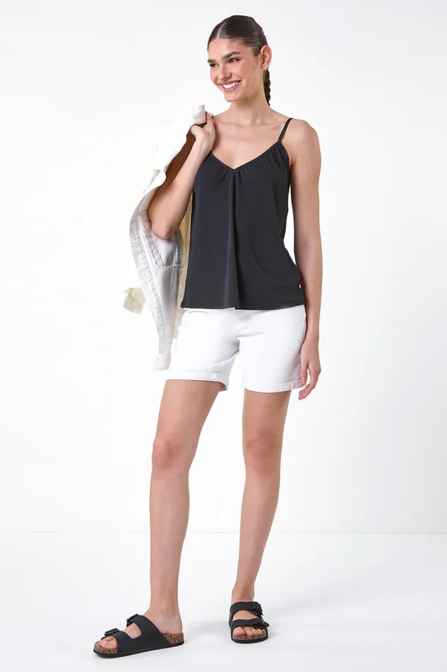 Women Black Gathered VNeck Stretch Vest Top Roman Tops