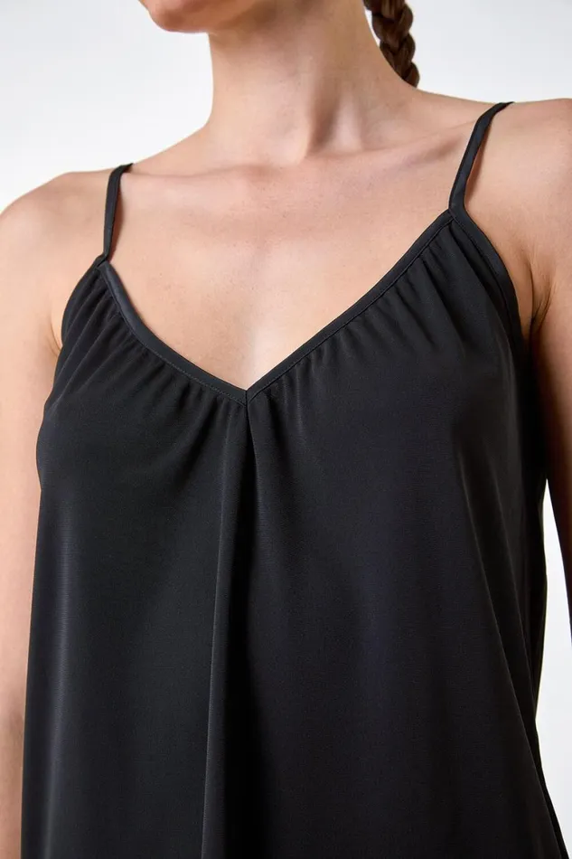 Women Black Gathered VNeck Stretch Vest Top Roman Tops