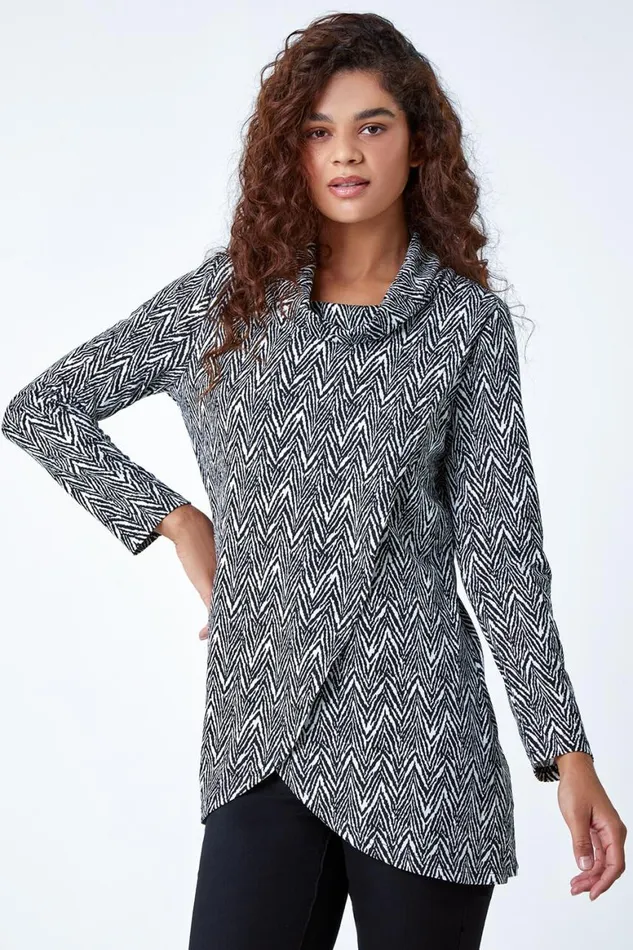 Women Black Geo Print Wrap Front Cowl Neck Stretch Top Roman Tops