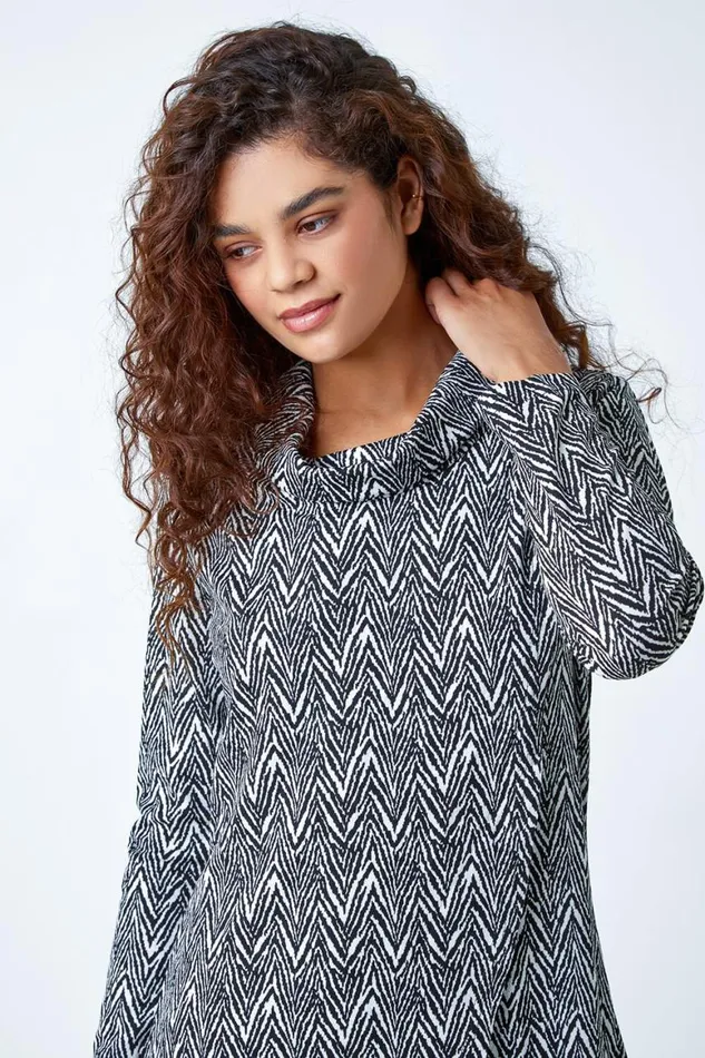 Women Black Geo Print Wrap Front Cowl Neck Stretch Top Roman Tops