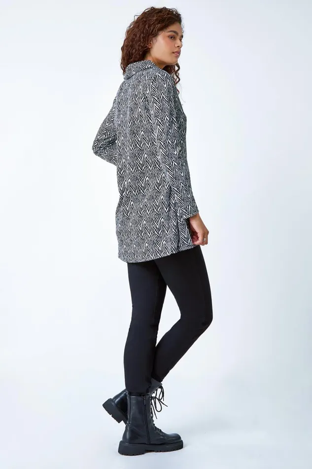 Women Black Geo Print Wrap Front Cowl Neck Stretch Top Roman Tops