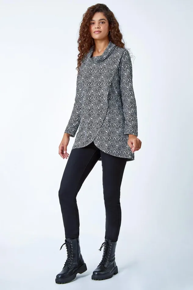 Women Black Geo Print Wrap Front Cowl Neck Stretch Top Roman Tops