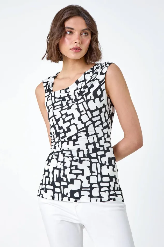 Women Black Geometric Asymmetric Neck Stretch Top Roman Tops