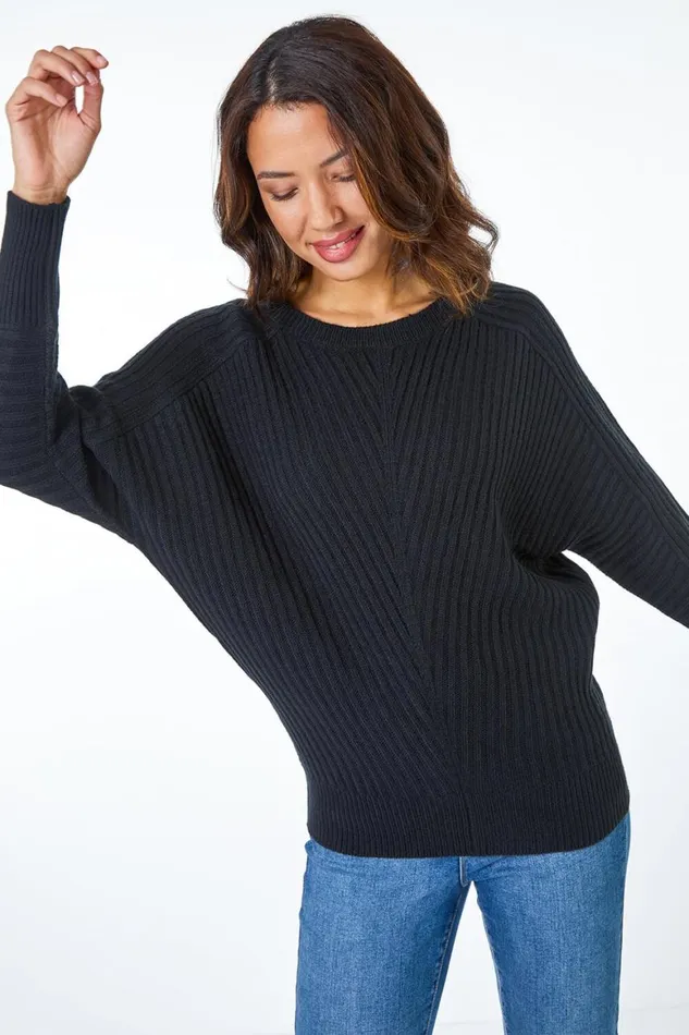 Women Black Geometric Longline Ribbed Batwing Jumper Roman Knitwear