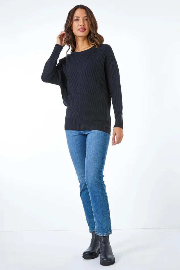 Women Black Geometric Longline Ribbed Batwing Jumper Roman Knitwear