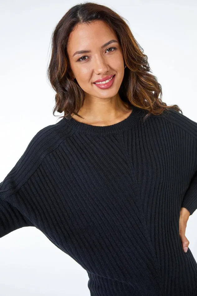 Women Black Geometric Longline Ribbed Batwing Jumper Roman Knitwear
