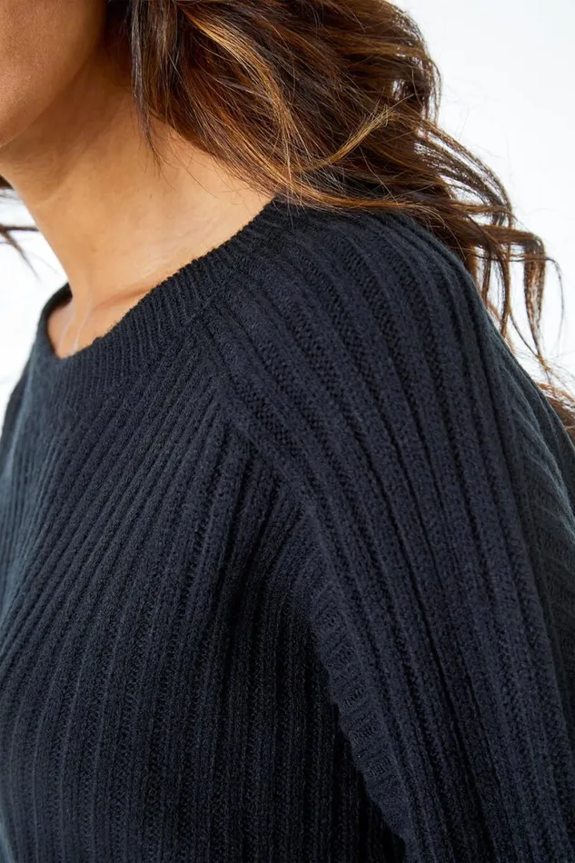 Women Black Geometric Longline Ribbed Batwing Jumper Roman Knitwear
