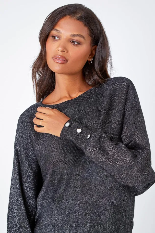 Women Black Glitter Button Cuff Jumper Roman Knitwear