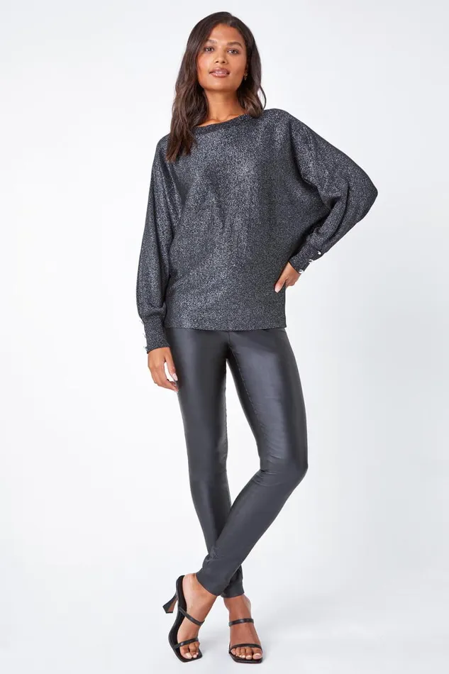 Women Black Glitter Button Cuff Jumper Roman Knitwear