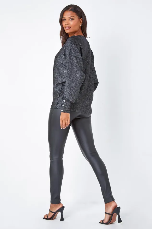 Women Black Glitter Button Cuff Jumper Roman Knitwear
