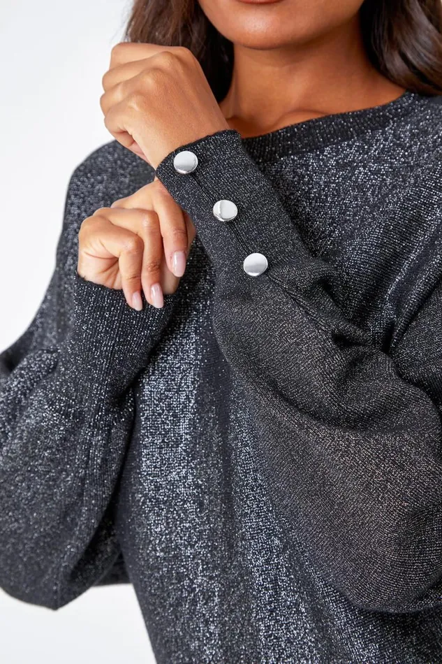 Women Black Glitter Button Cuff Jumper Roman Knitwear