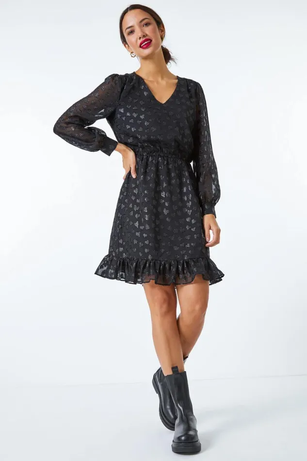 Women Black Heart Print Burnout Frill Dress Roman Dresses