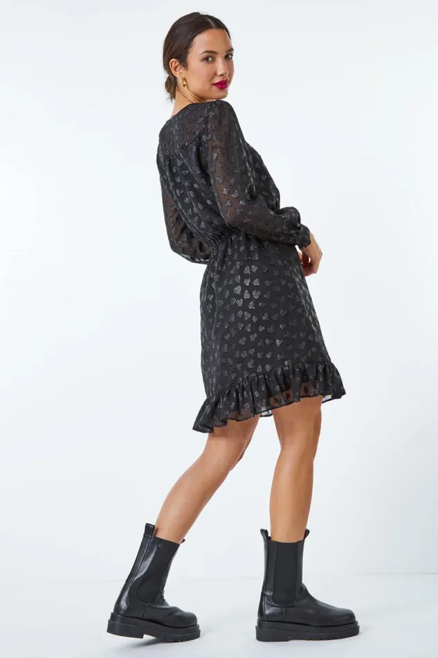 Women Black Heart Print Burnout Frill Dress Roman Dresses