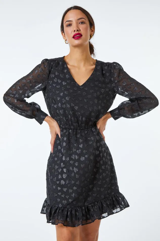 Women Black Heart Print Burnout Frill Dress Roman Dresses