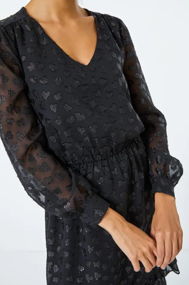 Women Black Heart Print Burnout Frill Dress Roman Dresses