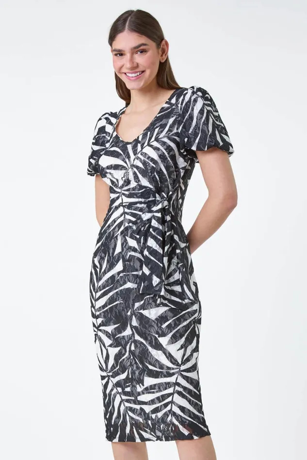 Women Black Leaf Print Stretch Lace Tie Dress Roman Dresses