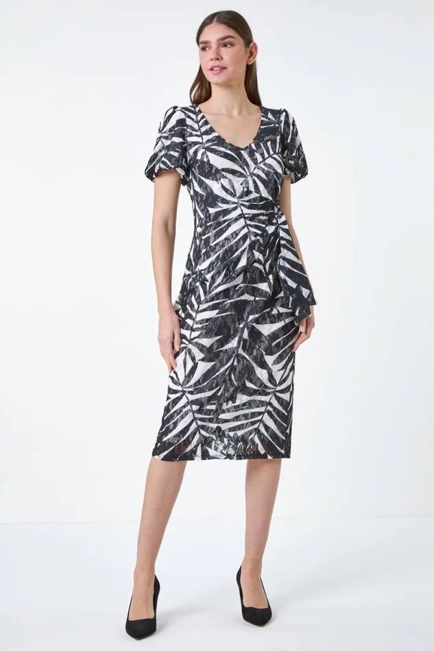 Women Black Leaf Print Stretch Lace Tie Dress Roman Dresses