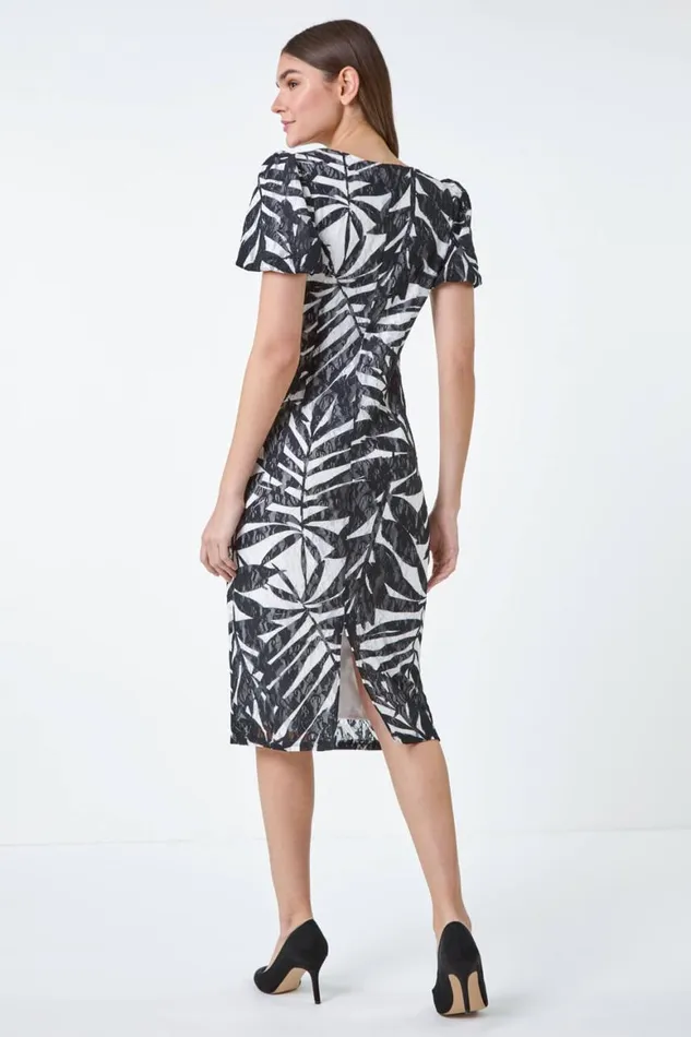 Women Black Leaf Print Stretch Lace Tie Dress Roman Dresses