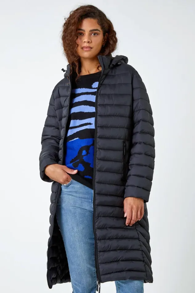 Women Black Longline Hooded Padded Coat Roman Coats