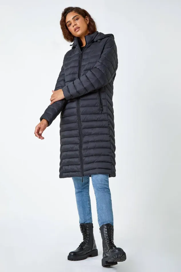 Women Black Longline Hooded Padded Coat Roman Coats