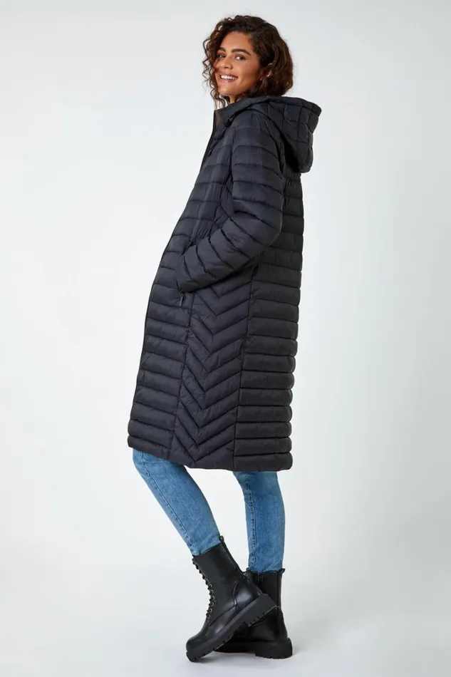 Women Black Longline Hooded Padded Coat Roman Coats