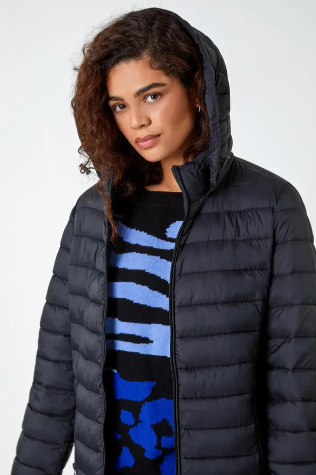 Women Black Longline Hooded Padded Coat Roman Coats