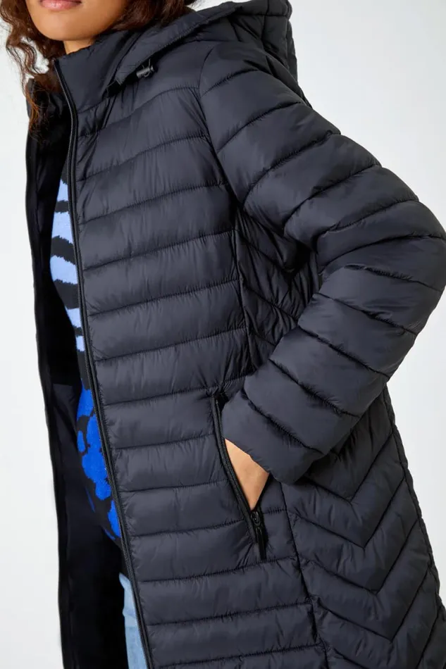 Women Black Longline Hooded Padded Coat Roman Coats
