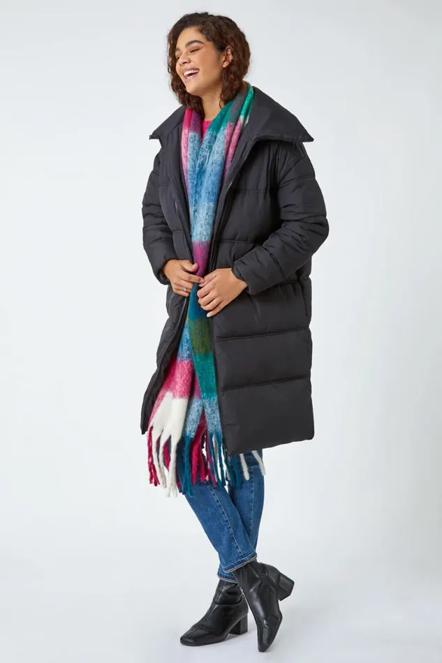 Women Black Longline Padded Coat Roman Coats