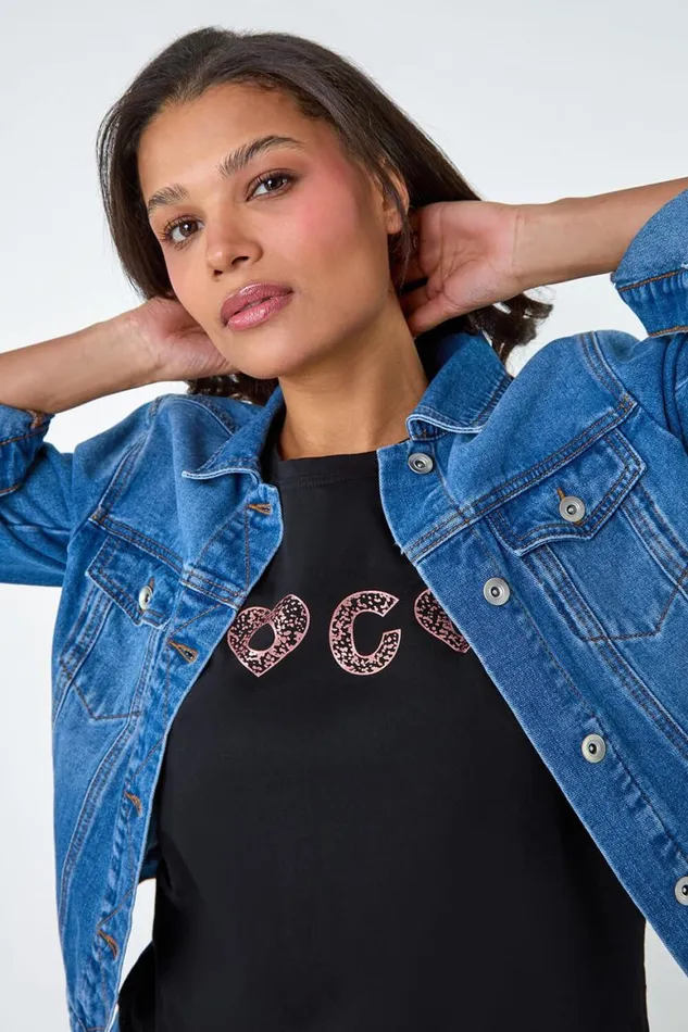 Women Black Metallic Foil Print Stretch TShirt Roman Tops