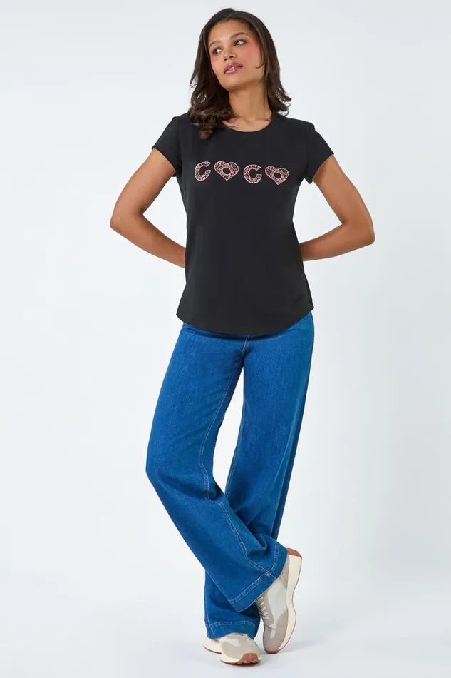 Women Black Metallic Foil Print Stretch TShirt Roman Tops