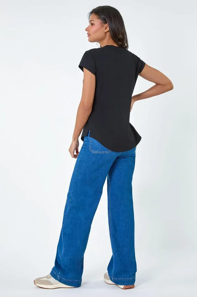 Women Black Metallic Foil Print Stretch TShirt Roman Tops