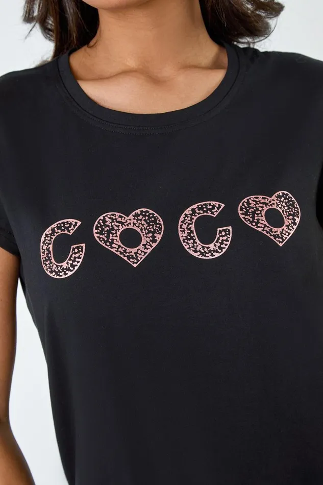 Women Black Metallic Foil Print Stretch TShirt Roman Tops