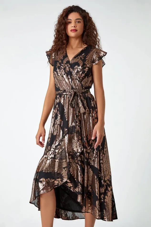 Women Black Metallic Paisley Print Midi Wrap Dress Roman Dresses