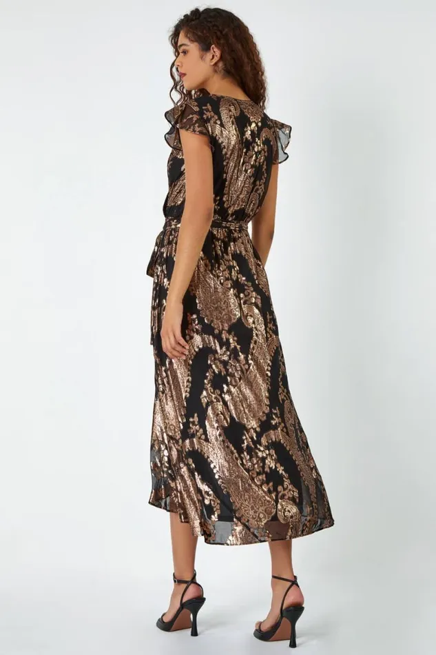Women Black Metallic Paisley Print Midi Wrap Dress Roman Dresses