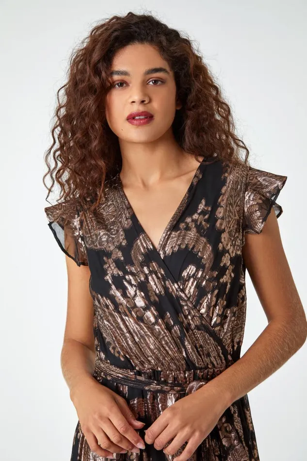 Women Black Metallic Paisley Print Midi Wrap Dress Roman Dresses