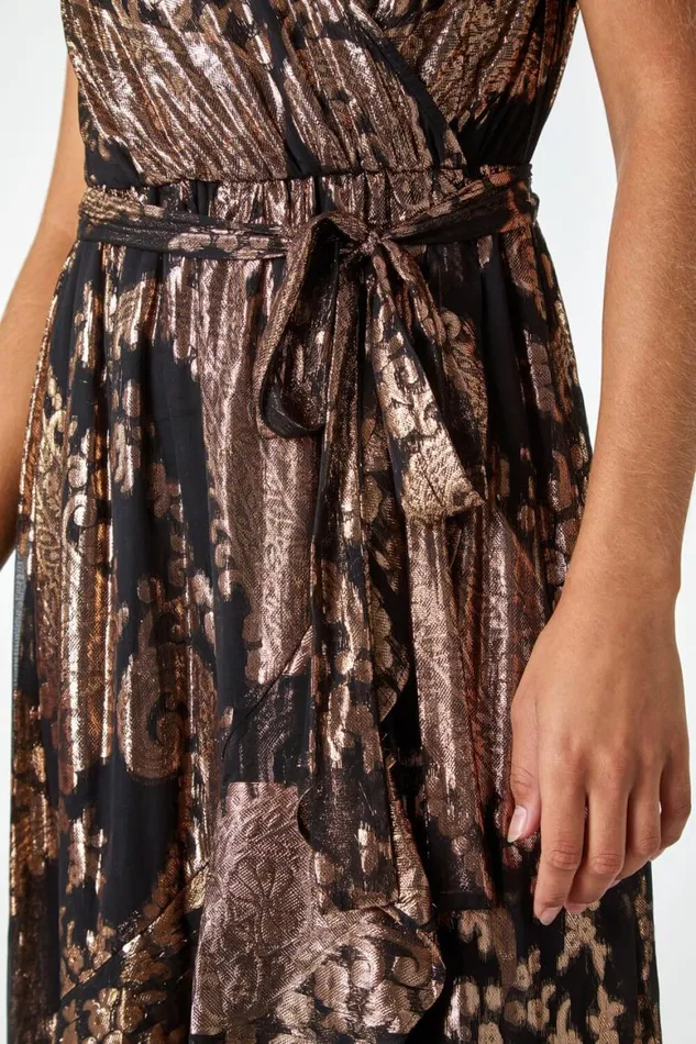 Women Black Metallic Paisley Print Midi Wrap Dress Roman Dresses