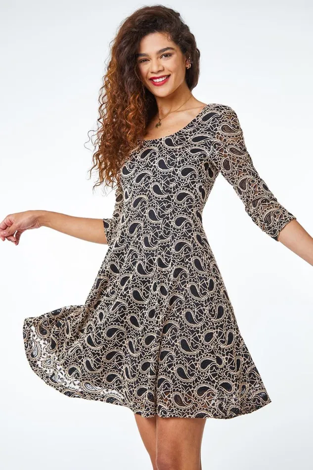 Women Black Paisley Lace Swing Dress Roman Dresses
