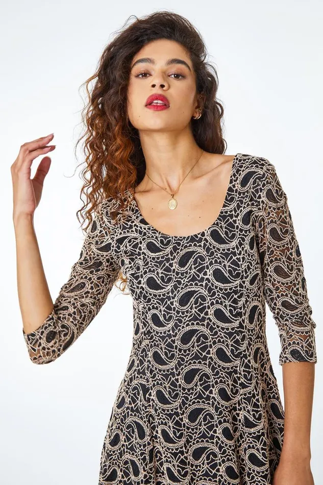 Women Black Paisley Lace Swing Dress Roman Dresses