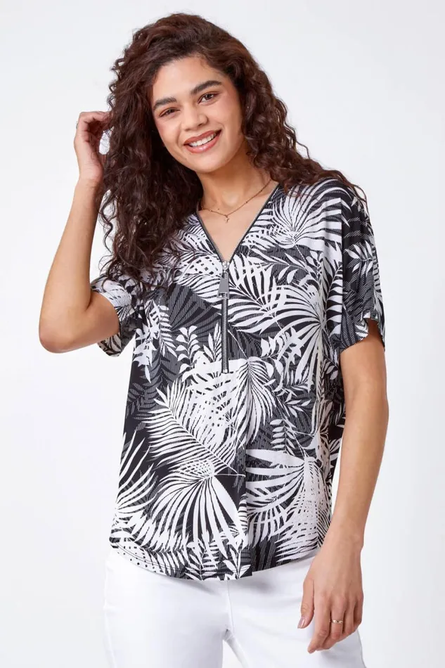 Women Black Palm Print VNeck Zip Front Stretch Top Roman Tops
