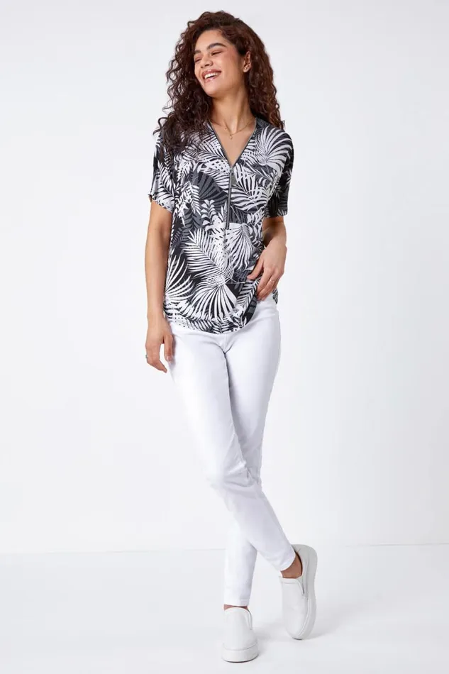 Women Black Palm Print VNeck Zip Front Stretch Top Roman Tops